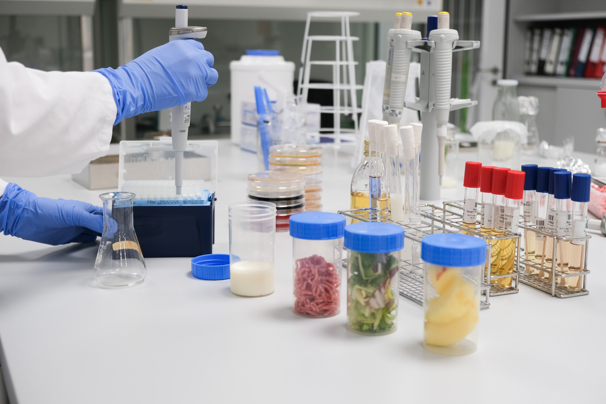Mitarbeiter verteilt verschiedenste Proben im Labor zur Analyse